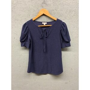 Riley &‎ Rae Blouse Women's XS Navy Textured Knit Puff Sleeve Tie Front Top